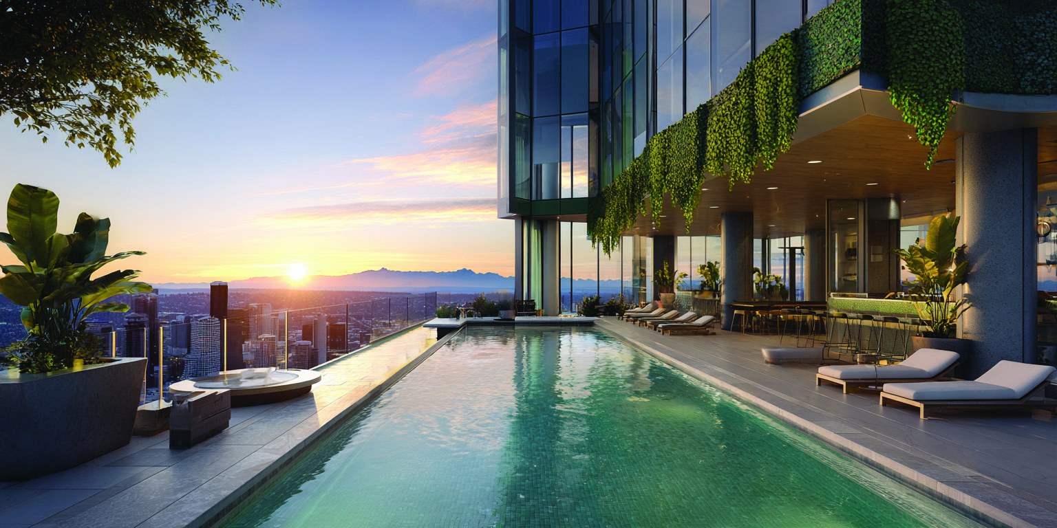 Infinity edge swimming pool at sunset