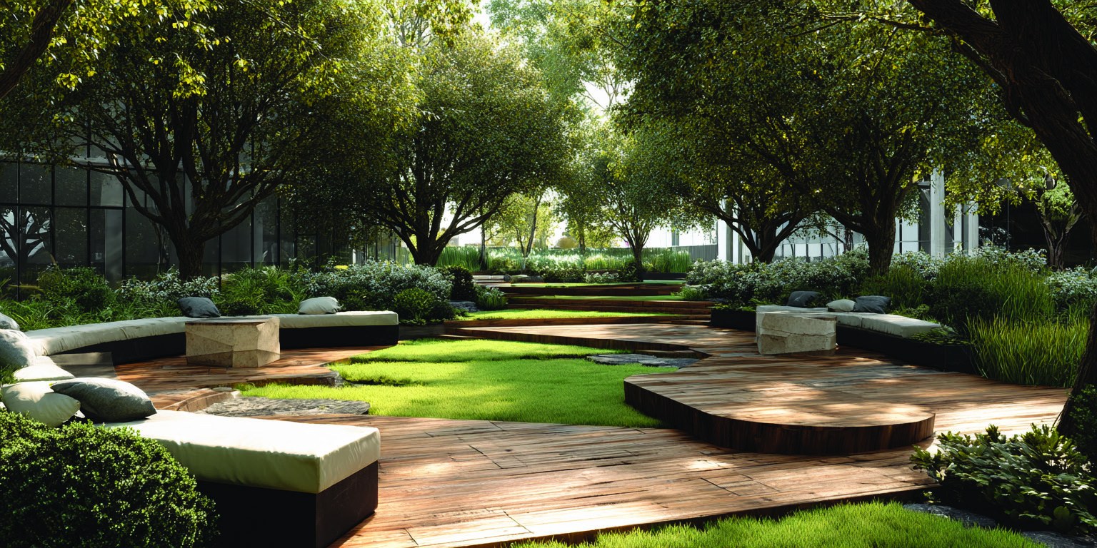 Serenity lounge among landscaped greens